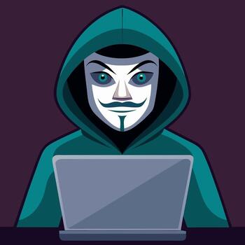 ciber delincuente en un capucha robando usuario datos con un ordenador portátil. concepto de hacker ataques, suplantación de identidad, y Internet seguridad infracciones con programación código. vector