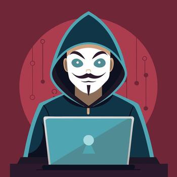 hacker en un negro capucha utilizando un ordenador portátil a robar personal datos. cibercrimen y web seguridad concepto, destacando Internet suplantación de identidad y programación código. vector