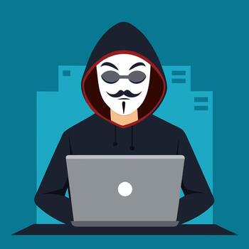 pirata informático, ciber delincuente con ordenador portátil robando usuario personal datos. hacker ataque y web seguridad. Internet suplantación de identidad concepto. hacker en negro capucha con ordenador portátil molesto a ciber ataque. programación código vector