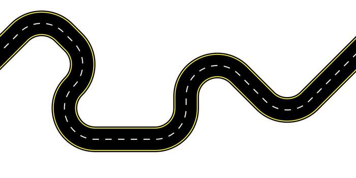 Top view illustration of a curved highway with dashed center lines and wavy asphalt texture winding path perfect for transport maps route graphics and empty lane backgrounds vector