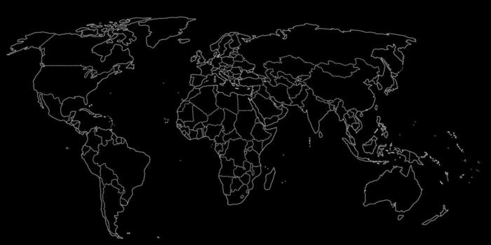 Contour world map in white colors on total black background. Simple outline icon. vector
