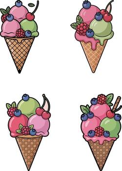 Ice cream cone with chocolate and strawberry scoops topped with cherry on white background vector