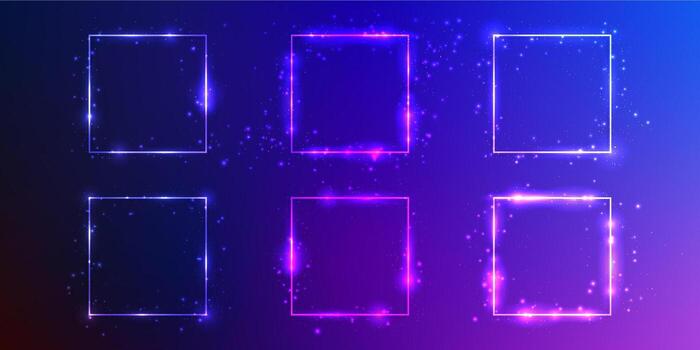 Set of six neon square frames with shining effects and sparkles on dark blue background. Empty glowing techno backdrop. illustration vector