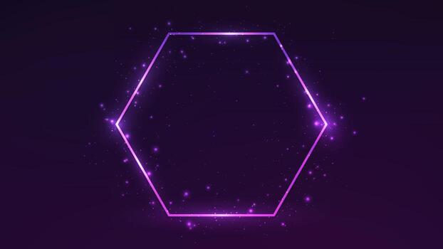 Neon hexagon frame with shining effects and sparkles on dark purple background. Empty glowing techno backdrop. Fine illustration vector