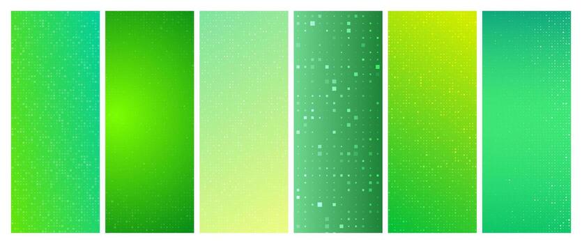 Set of six abstract green gradient geometric backgrounds with squares. Pixel backgrounds with empty space. illustration vector