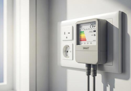 Modern smart energy meter device plugged into a home wall outlet, showing real-time power usage. Concept of energy efficiency, smart homes, and environmental responsibility. photo