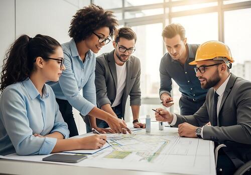 A diverse team of architects, engineers, and designers collaborates on project blueprints in a modern office, symbolizing teamwork, planning, and professional development. photo