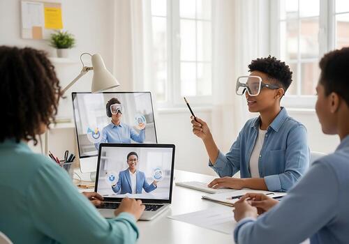 Professionals collaborate in a virtual reality meeting using AR goggles and holographic data visualizations. Ideal for future tech, metaverse, and remote work concepts. photo