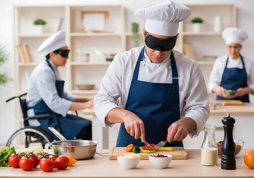 Chefs wearing blindfolds learn cooking techniques in a unique culinary class, highlighting sensory development and accessibility. A chef in a wheelchair is also visible. photo