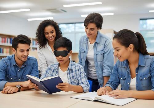 Students collaborate in a library, one reading with a blindfold, highlighting inclusive education and adaptive learning tools for visual impairment or sensory training. photo