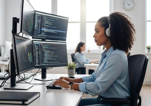 Young female software engineer coding on multiple screens in a bright, modern office. Focused woman with headphones working in tech and data analysis. photo