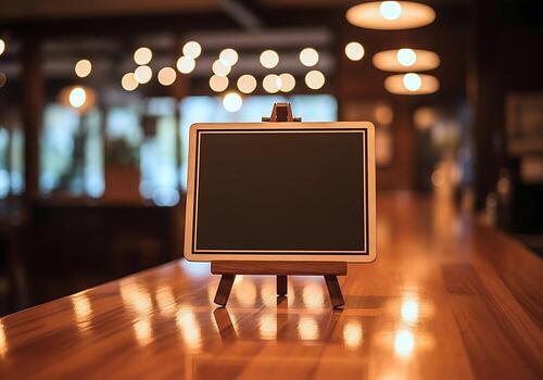 A Blank Mini Chalkboard On A Polished Wooden Counter With Soft Bokeh Lights In The Blurred Background, Ideal For Displaying Menus Or Messages. photo