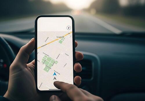 A Person Is Holding A Smartphone Displaying A Map Application For Navigation While Driving A Car On A Sunny Day. photo