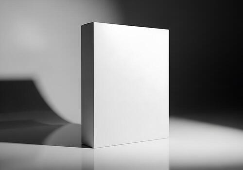 A Minimalist White Rectangular Box Standing Upright On A Reflective Surface, Against A Grayscale Background With Dramatic Lighting And Shadows, Ideal For Product Mockups Or Abstract Design. photo
