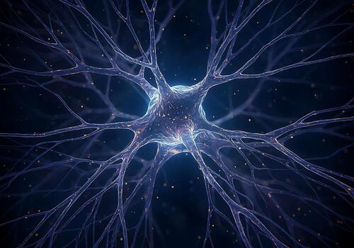 An Illuminated Representation Of A Neuron With Branching Dendrites And Axons, Highlighting The Intricate Structure Of The Central Nervous System. photo