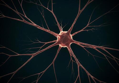 A Detailed 3D Rendering Of A Human Neuron Or Nerve Cell, Showcasing Its Complex Structure With Dendrites And Axon Against A Dark Background. photo