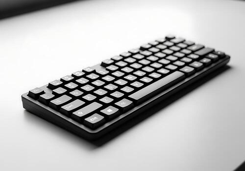 A Sleek, Modern Black Computer Keyboard Resting On A Crisp White Desk, Showcasing Its Minimalist Design For Technology And Office Environments. photo