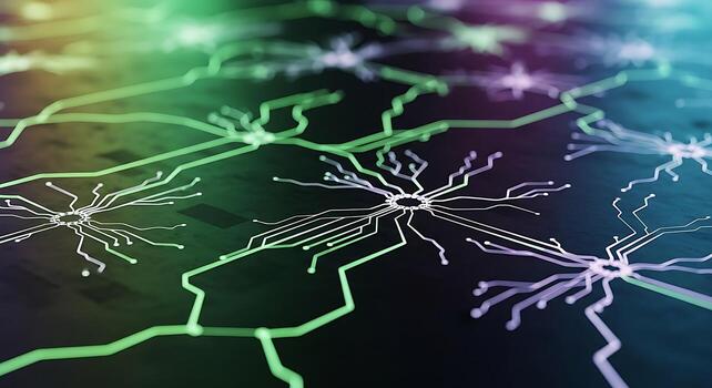 Abstract Circuit Board Design Featuring Luminous Green And Purple Traces, Representing Modern Technology, Computer Networks, Data Transfer, And Digital Innovation. photo