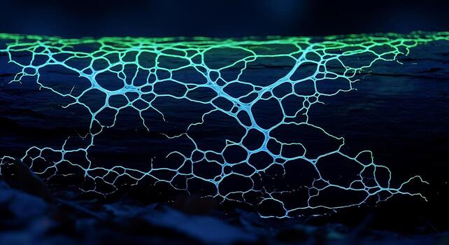A Detailed View Of Bioluminescent Slime Mold Creating A Glowing Intricate Network On A Dark Surface In The Wilderness. photo