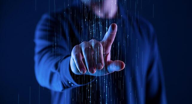 A Person's Hand Interacting With A Futuristic Digital Interface, Featuring Glowing Vertical Data Streams On A Dark Blue Background, Symbolizing Technology And Connectivity. photo