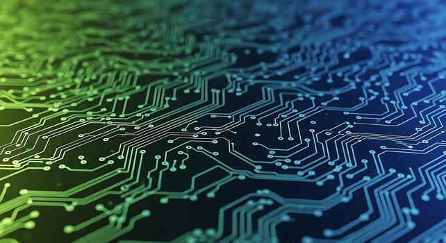 An Abstract Representation Of A Circuit Board Featuring Interconnected Lines And Dots In Green And Blue Hues, Symbolizing Technology And Data Flow. photo