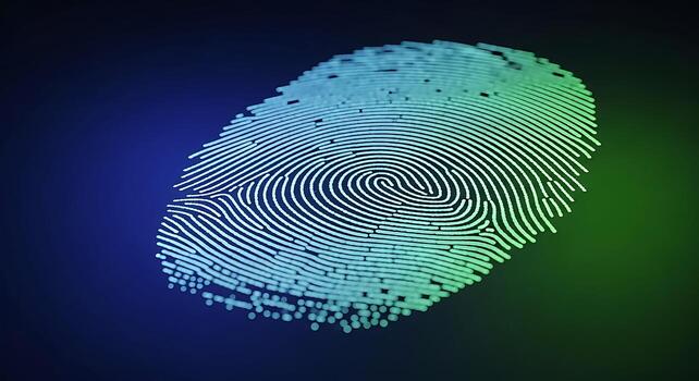 An Illuminated Biometric Fingerprint, Showcasing A Modern Concept Of Digital Security And Personal Identification, With A Stunning Blue To Green Color Gradient. photo