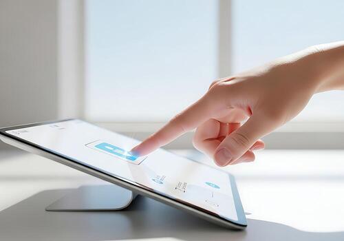 A Person's Hand Taps A Digital Tablet Screen, Demonstrating User Interaction With Modern Technology In A Bright Setting. photo