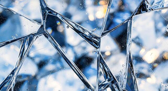 Shattered Ice Texture With Sharp Fragments And Cool Blue Tones, Highlighting An Abstract Background With Bright Bokeh Lights. photo