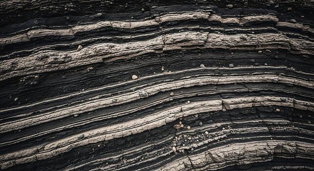 Close-Up View Of Naturally Formed Layered Rock Surface Showing Distinct Alternating Dark And Light Strata With Fine Textures And Embedded Small Stones. photo