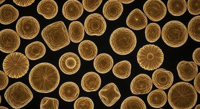 Golden, Translucent Microscopic Forms Float On A Black Background, Showcasing Intricate Cellular Or Organic Structures With Varied Shapes And Radial Patterns. photo