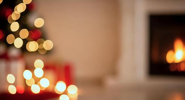 A Warm, Blurred Background Features Bokeh Lights From A Christmas Tree And The Gentle Glow Of A Cozy Fireplace, Creating A Festive And Inviting Atmosphere. photo