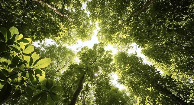 Looking up into a vibrant green forest canopy with bright sunlight filtering through the dense leaves, creating a peaceful and natural scene. Perfect for nature, environment, and outdoor themes. photo