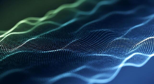 An Abstract Digital Wave Grid Of Glowing Dots In Shades Of Blue And Green, Representing Data Flow Or Network Connectivity. photo