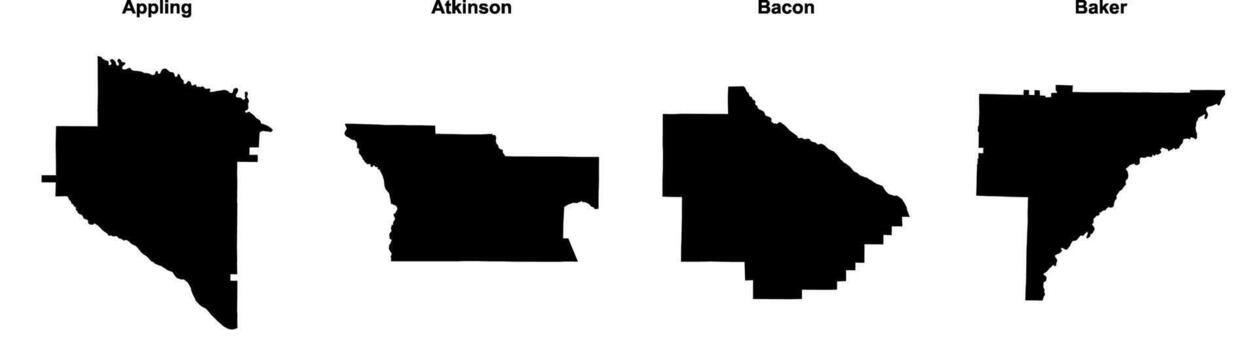 Appling, Atkinson, Bacon, Baker outline maps vector