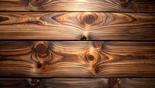 Close-up view of rich, dark wooden planks, displaying intricate wood grain patterns and beautiful knots, creating a warm and inviting visual appeal. photo