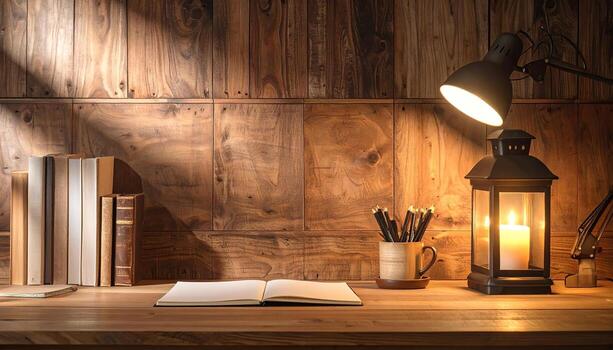 A warm and inviting workspace setting, featuring a wooden desk, books, a lamp, and a lantern, bathed in the soft glow of a single candle. photo