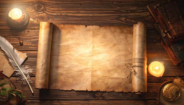 An antique, aged parchment scroll rests open on a rustic wooden table, illuminated by warm candlelight, creating a sense of history and mystery. photo