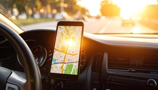un digital mapa desplegado en un teléfono inteligente montado en un del vehículo panel, bañado en el calentar resplandor de el ajuste Dom. foto