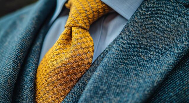 Stylish Close-Up of a Textured Tie Against a Patterned Suit on a Formal Occasion. photo