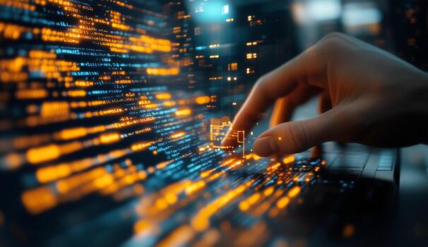 mano interactuando con digital interfaz mostrando datos y información en un moderno tecnología ambiente. foto