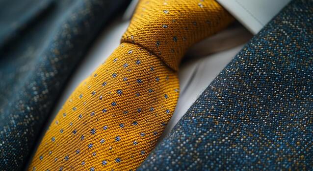 Stylish Close-Up of a Textured Tie Against a Patterned Suit on a Formal Occasion photo