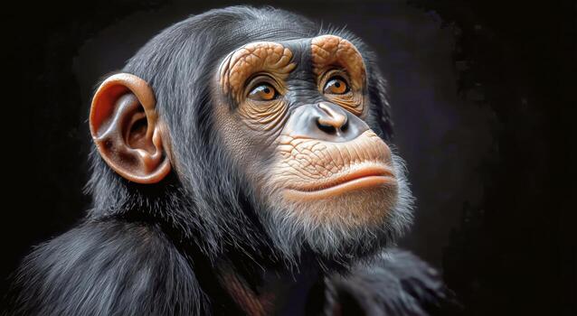 Chimpanzee With Expressive Gaze Resting in Natural Habitat During Daytime in the Wild photo