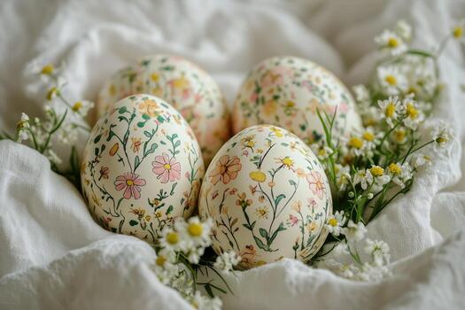 Decorative Eggs With Floral Patterns Arranged on White Fabric With Wildflowers in the Background. photo