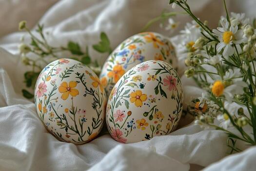 Decorative Eggs With Floral Patterns Arranged on White Fabric With Wildflowers in the Background photo