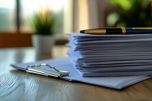 Documents Organized on Table With Pen and Potted Plant in Background During Daylight in Office Setting photo