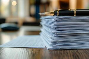 Papers Stacked on a Wooden Desk With a Pen Resting on Top During Daytime in an Office Setting. photo