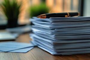 Papers Stacked on a Wooden Desk With a Pen Resting on Top During Daytime in an Office Setting photo