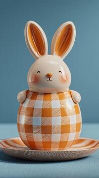 Cute Fabric Bunny Figure With Checked Pattern Sitting on a Plate in a Cozy Interior Setting. photo