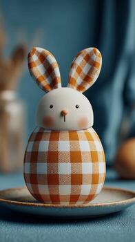 Cute Fabric Bunny Figure With Checked Pattern Sitting on a Plate in a Cozy Interior Setting photo