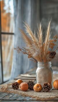 Autumn Centerpiece With Orange Fruits and Pine Cones Arranged in a Glass Jar on a Rustic Table. photo